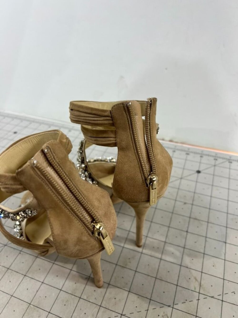Jimmy Choo Beige Suede Crystal Embellished Strappy High Heels Zip Sz. 37.5 EU - Picture 6 of 11